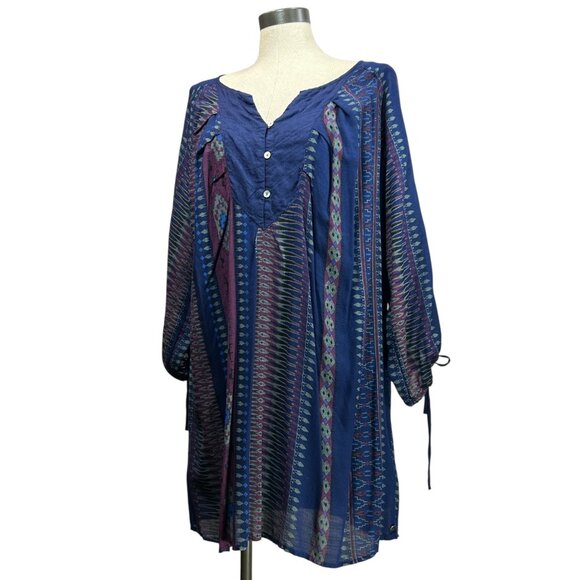 ROXY Mini Dress Sz M Navy Geo Stripe Print Peasant 3/4 Sleeve VNeck Button Up - Picture 5 of 11